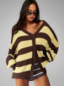 MISSGUIDED Cárdigan con botones delanteros oversize con cuello en V y rayas horizontales anchas para otoño e invierno - Amarillo - Ver 6