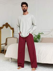 DAZY Solid Color White T-Shirt Paired With Plaid Pants Men's Loungewear Set, Spring/Autumn - Multicolor - View 5