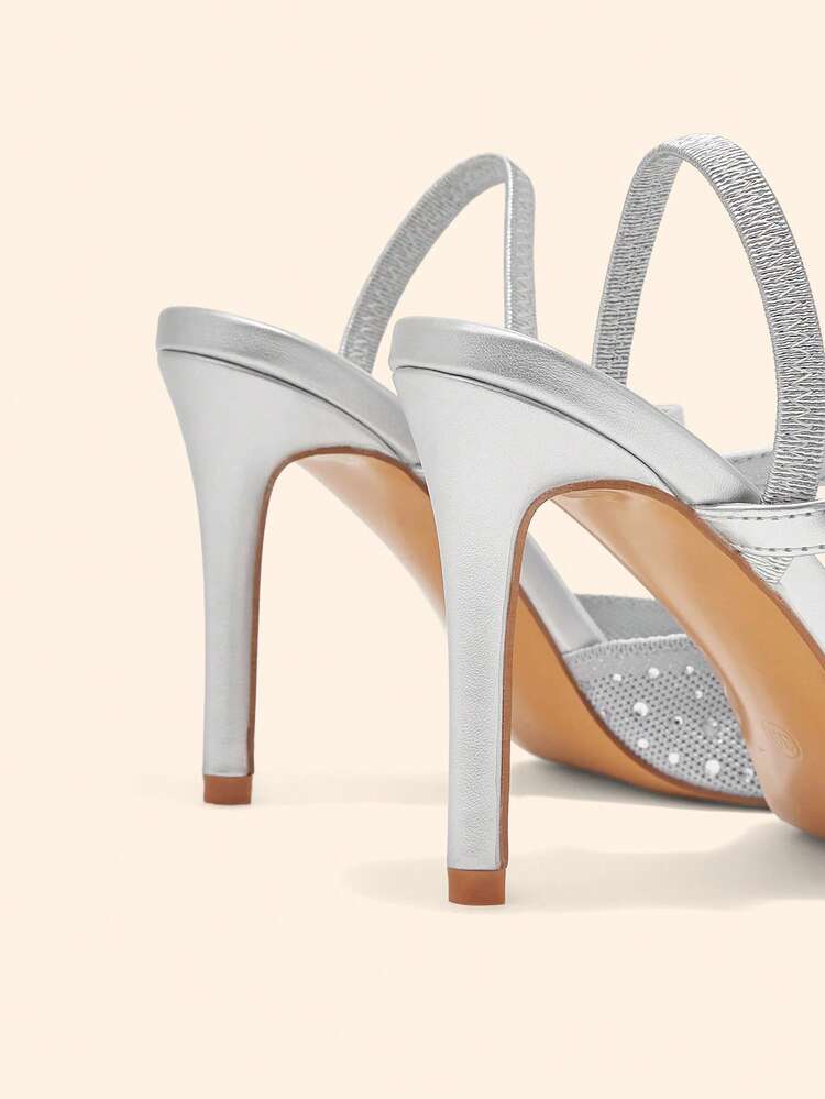 CUCCOO BASICS Fashionable Sexy Elegant Pointed Toe Stiletto Heels Shoes, Knitted Breathable Rhinestone Backless Women's High Heels For Christmas