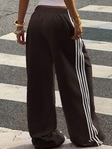 SHEIN EZwear Women's Chocolate Brown Casual Wide Leg Sweatpants With Side Stripe Detail And Extra Long Knitted Fabric For Everyday Comfort Brown Pants Striped Pants Oversized Pants Wide Leg Pants Loose Pants Wide Pants Brown Bottoms Women - Chocolate Brown - View 2