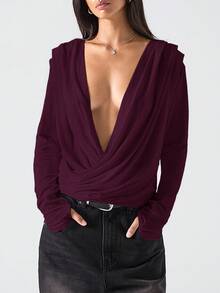 LYSMO Áo cánh tay dài cổ sâu màu trơn gợi cảm dành cho nữ - Màu tím - Xem 5