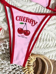 Swim Mod Women's Beachwear Summer Outfits: Three-Piece Women's Surfing Suit With Cherry Letter Print Shoulder Straps And Thong Bikini Set, Layered With A Sheer Mesh Crew Neck Short-Sleeved T-Shirt Cover-Up And Knitted Swimwear. - Multicolor - View 4