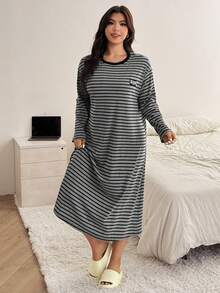 Dazy Plus Plus Size Women Loose Long Nightgown With Colorblock Striped Design, Comfortable Sleepwear For Spring And Autumn - Dark Grey - View 1