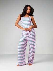MISSGUIDED Bộ đồ ngủ gồm áo ba lỗ kẻ sọc và quần ống rộng có dây rút ở eo co giãn, thoải mái khi mặc và thư giãn - Nhiều màu - Xem 4