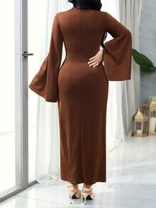 Feyla Women's Elegant Pearl Decor Waist Cinched Long Dress - Brown - View 3
