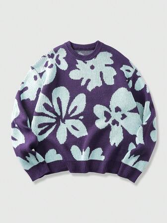 Herren Floral Jacquard Strickpullover, Loose Fit
