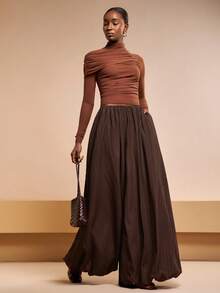 Zivah 2026 Spring/Summer New Arrival, Suitable For Valentine's Day Party, Wedding, Evening Party, Date, Gathering, Birthday, College Style, Student Wear, Daily Outing, All-Match Versatile, Casual, Vacation, Cruise Travel, Beach, Sunbathing, Trending, Elegant, Commute, Business Casual Women's High-Waisted Flare Leg Pants, White Vertical Striped Textured Fabric, Real Pockets, Spring/Summer Trousers, Dark Brown Pants, Casual Pants, Elegant Pants - Mocha Brown - View 5