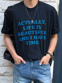 DAZY Camiseta de tela negra con estampado de letra azul de unicolor para hombre, verano - Azul - Ver 6