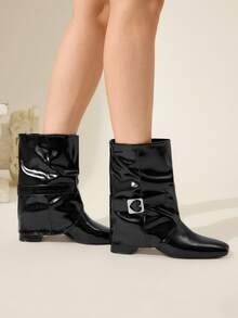 CUCCOO CHICEST Giày bốt cao gót giữa bắp chân, màu trơn, thường ngày, đa năng, thời trang dành cho nữ - màu đen - Xem 8