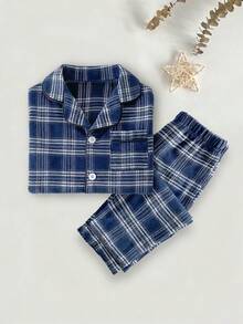 Baby Boys Pajamas-2 Piece Pajama Set Navy Plaid Button Front Long Sleeve Collared Top Full Length Pants Elastic Waist Cozy Breathable Sleepwear Two Piece Outfit Holiday New Year 2026 All Season Classic Family Gift Boys Pajama Sets Boy Pajamas Set Checkered Baby Boy Clothes Baby Boy Sleepwear