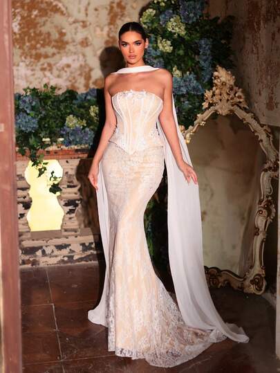 Glamrae Elegant vit romantisk spetsbandeau, benad formande applikation, 3D-midja, fiskbensfärgad (avtagbar halterneckvolang), lämplig för alla formella tillfällen, bröllop, brudklänning