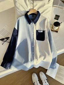 SHEIN EZwear Plus Patch Detail Colourblock Drop Shoulder Shirt - Multicolor - View 9