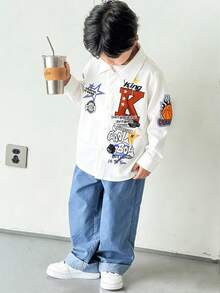 SHEIN 2件套年轻男童休闲酷炫K字母图案印花宽松舒适长袖衬衫和裤子套装 - 彩色 - 查看 1