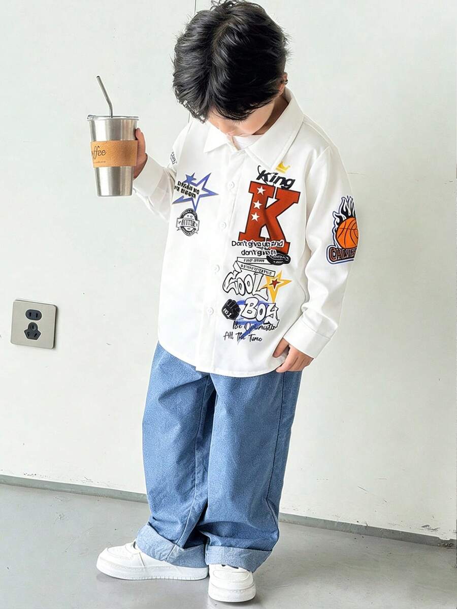 SHEIN 2件套年轻男童休闲酷炫K字母图案印花宽松舒适长袖衬衫和裤子套装 - 彩色 - 查看 1