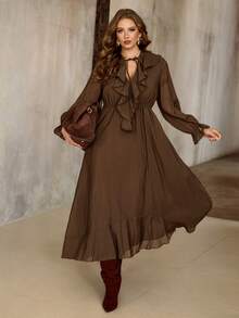 Roveilla 大码女式V领荷叶边系带A字长袖连衣裙，浪漫度假风，优雅法式复古，适合办公室通勤、商务休闲、街头时尚、简约经典、中东风情、奢华派对、圣诞节、感恩节、下午茶、新年、春秋冬季等各种场合。 - 棕色 - 查看 5