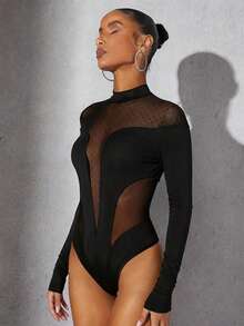 Hauture 高领波点透视网纱拼接性感时尚连体衣 - 黑色 - 查看 5