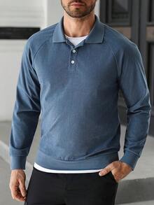 Manfinity Homme 浅蓝色 PL301 插肩袖半开襟纯色休闲舒适透气 Polo 衫 - 藍色 - 查看 1