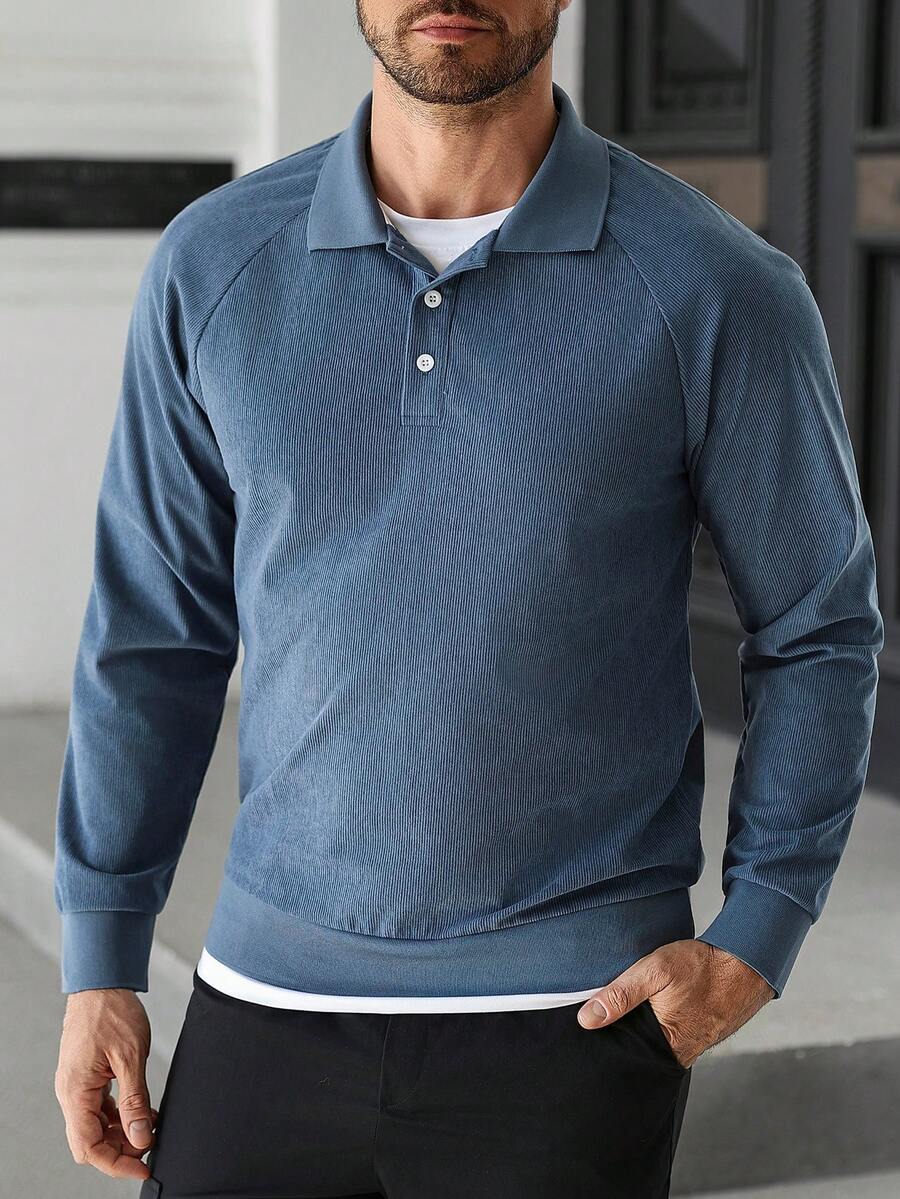 Manfinity Homme 浅蓝色 PL301 插肩袖半开襟纯色休闲舒适透气 Polo 衫 - 藍色 - 查看 1