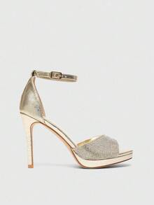 CUCCOO SZL Damskie sandały na obcasie z odkrytym palcem i kryształkami, platforma, seksowne, luksusowe, błyszczące, srebrne, imprezowe buty klubowe na lato - Złoto - Zobacz 7