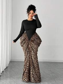 Elenzga Vestido elegante de fiesta de talla grande para mujer con cuello redondo, manga larga, unicolor y estampado de leopardo en el bajo - Negro - Ver 4