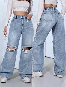 Flexra Plus Size Women Casual Everyday Washed Distressed Non-Stretch Denim Jeans - Light Wash - View 1