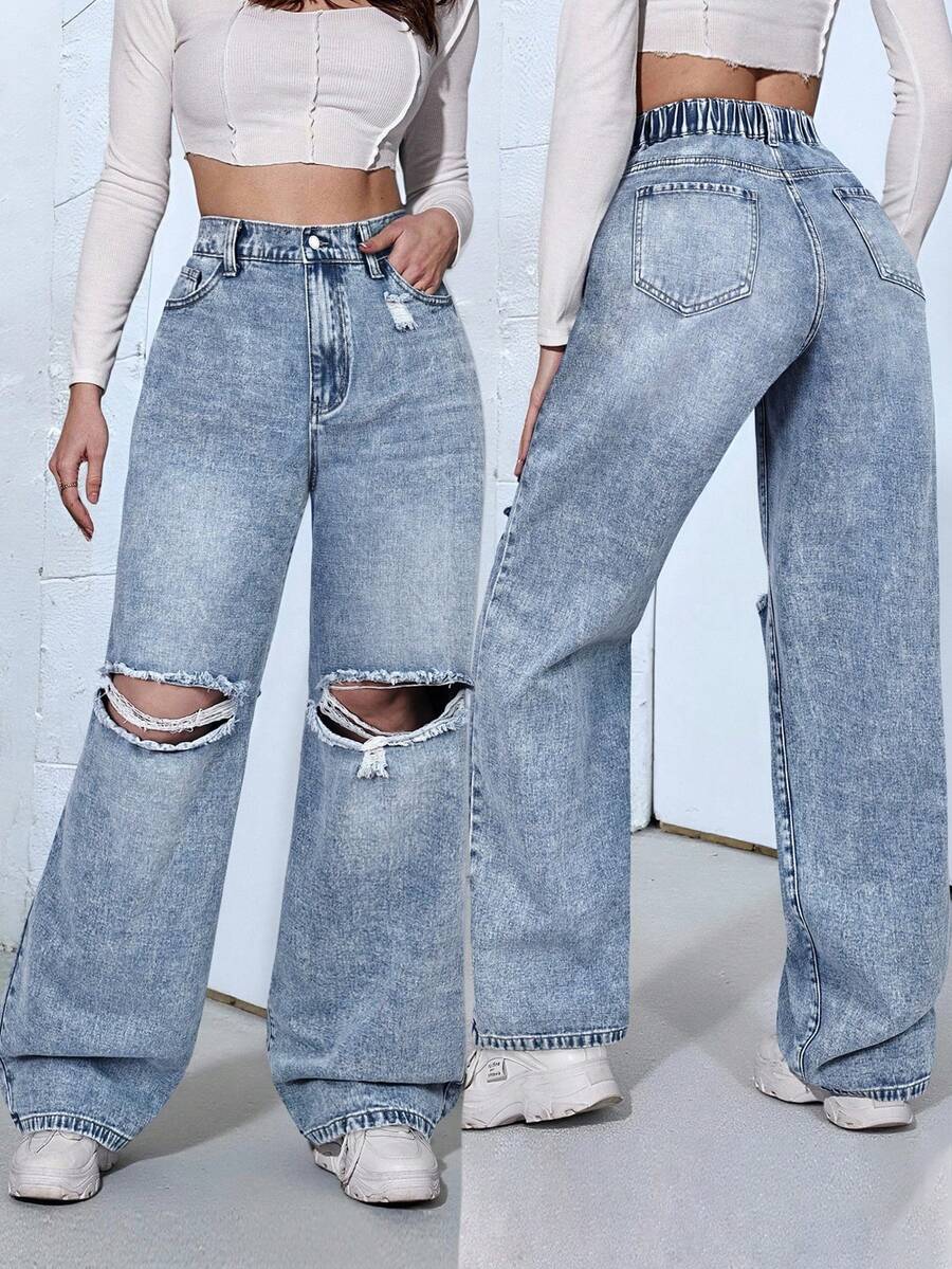 Flexra Plus Size Women Casual Everyday Washed Distressed Non-Stretch Denim Jeans - Light Wash - View 1