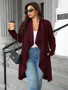 SHEIN Clasi 大码女式纯色翻领瀑布领开襟休闲外套 - 紫紅色 - 查看 6