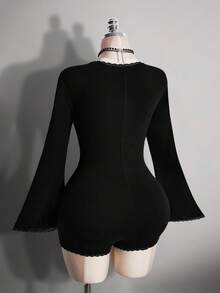 SHEIN ICON Women's Plus Size Autumn/Winter Warm Millennial Style Y2K Sexy Fashion Avant-Garde Bold Individual Street Punk Gothic Style Front Hollowed-Out Lace Patchwork Flared Long Sleeve Black Knit Ribbed Slim Fit Black Jumpsuit