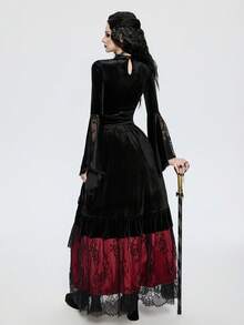 Breakform Áo croptop nữ phong cách Gothic gợi cảm, chất liệu nhung xuyên thấu, viền ren, cổ khoét, dây chun, nơ, tay chuông, điểm nhấn ren, dáng ôm – Áo kiểu ma cà rồng, áo đen, áo phù thủy, tay chuông. - màu đen - Xem 2