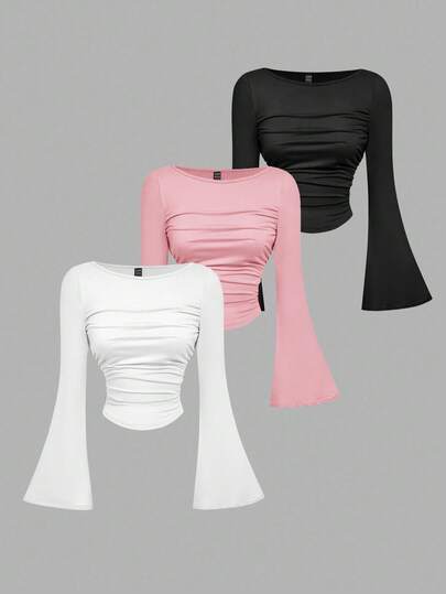 SHEIN MOD 3pcs Women Pleated Casual Square Neck Long Sleeve T-Shirt Set,Warm Clothes,Fall Women Outfits,Going Out Tops,Holiday Women Outfits,New Years,White Top