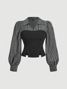 SHEIN MOD Plus Size Black & White Striped Patchwork Hem Slit Fitted Oblique Split Bustier Shirt - Black - View 1