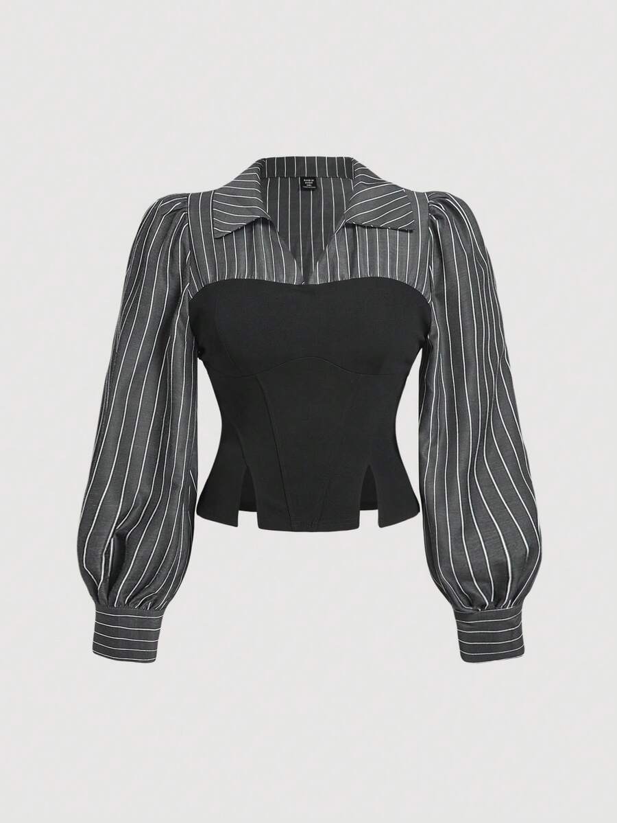 SHEIN MOD Plus Size Black & White Striped Patchwork Hem Slit Fitted Oblique Split Bustier Shirt - Black - View 1