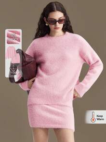 Ontre 1 conjunto feminino de malha solta, manga raglan, gola redonda, blusa e saia de cintura média, traje elegante, urbano, casual, moda de aeroporto de alta qualidade, essencial para Natal e Ano Novo - Baby Rosa - Ver 1