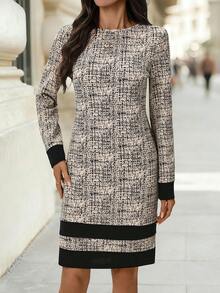 SHEIN Clasi Váy dệt kim cổ tròn tay dài dành cho nữ, màu mơ với vải in co giãn và tương phản màu đen, thanh lịch để mặc hàng ngày, mùa thu/đông và đầu xuân - Màu be - Xem 10