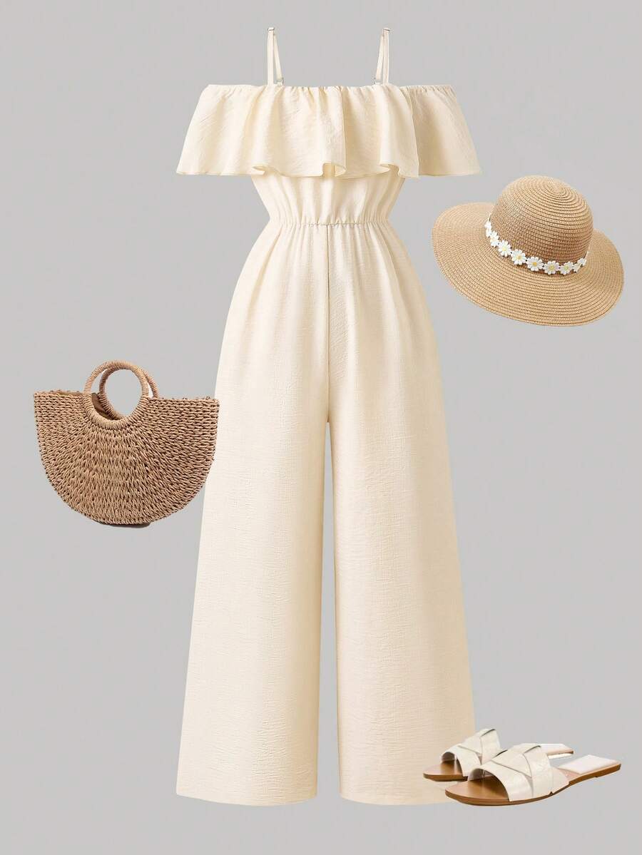 SHEIN Explorewe Streecool 少女休闲时尚日常百搭荷叶边露肩连体裤，春夏款 - 杏色 - 查看 1