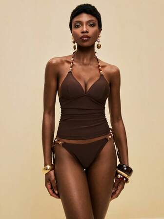 SHEIN Veneréa Women's Brown Halter Tankini Set With V-Neck Beaded Chain Decor