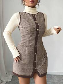 Elenzga Women's Elegant Round Neck Sleeveless Houndstooth Patchwork Wool Blend Dress, Suitable For Casual, Office, And Daily Wear, Autumn/Winter - Coffee Brown - View 7
