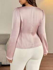 Vionelle Große Größen Elegante Satin-Bluse mit Mandarin-Kragen und Puffärmeln für Damen, dekoriert mit Knöpfen, geeignet für Partys, Weihnachten, Valentinstag - Pink - Übersicht 2