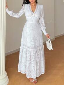 Rafferiza 女士优雅度假通勤玫瑰纹理V领蕾丝边连衣裙，白色连衣裙，通勤连衣裙，适合圣诞节、新年、度假、婚礼、情人节等场合 - 白色 - 查看 8
