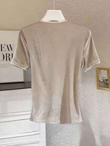 GlowEve Damen elegantes gerafftes Samt-T-Shirt mit V-Ausschnitt und Kurzarm