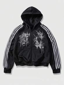 ROMWE MEN Spring Casual Graphic Men'S Minimalist Gothic Printed Hooded Long Sleeve Sweatshirt Sweatshirt - Black - View 1