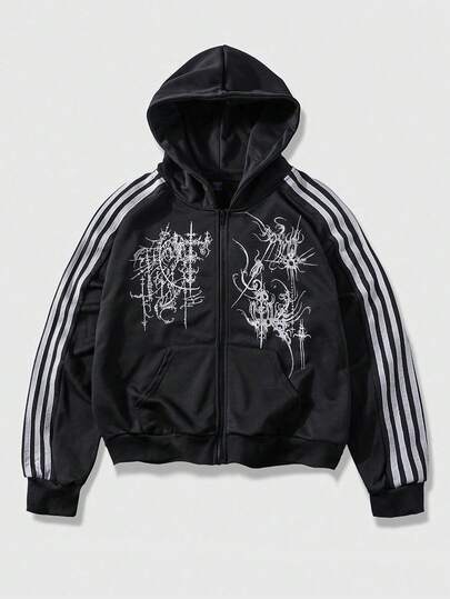 ROMWE MEN Spring Casual Graphic Men'S Minimalist Gothic Printed Hooded Long Sleeve Sweatshirt Sweatshirt