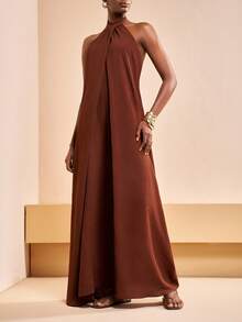 Zivah 2026春夏新品，适合情人节、音乐节、复活节、西部风、游牧风、波西米亚风、纳什维尔风、派对、婚礼、晚宴、约会、聚会、生日、学院风、学生装、日常休闲、百搭基础款、休闲、度假、邮轮旅行、海滩、日光浴、潮流、优雅、通勤、商务休闲等场合。小立领系带，性感露背，前交叉褶裥，宽松A字长裙，棕色长裙，休闲长裙，度假长裙，女士长裙 - 棕色 - 查看 3