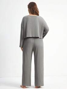 Ocili Plus Size Bohemian Style Casual Solid Color Boat Neck Long Sleeve Washed Knit Top And Pants Pajama Set, Winter Clothes - Black - View 2
