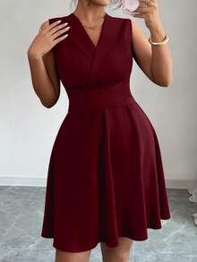 Elenzga Vestido de moda con volantes en la cintura, sin mangas y de unicolor, talla grande - Burdeos - Ver 4