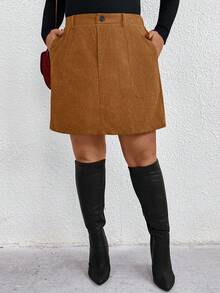 SHEIN Tall CURVE Váy chữ A nhung kẻ thanh lịch, giản dị, có túi cho nữ cỡ lớn - Rỉ Nâu - Xem 5
