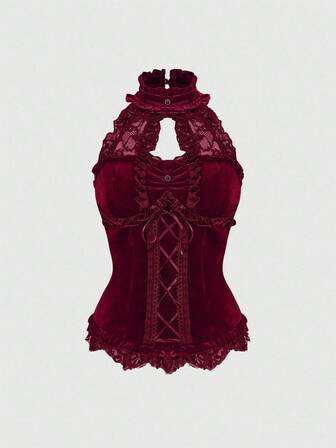 Fairycore Camiseta de mujer con cuello alto de terciopelo y encaje, con parches y lazo en la cintura, de estilo gótico elegante