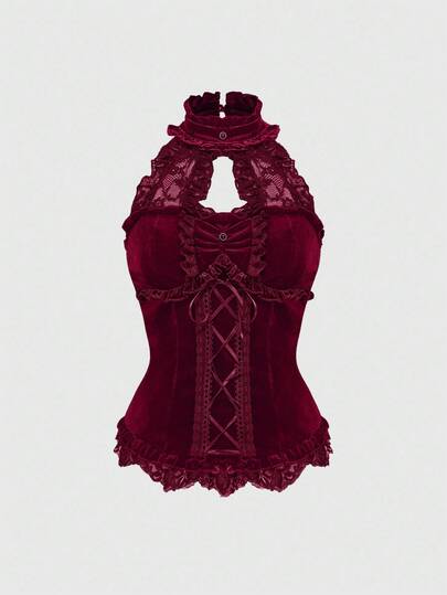 Fairycore Camiseta de mujer con cuello alto de terciopelo y encaje, con parches y lazo en la cintura, de estilo gótico elegante