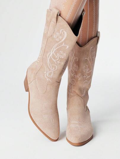 Goth Botas vaqueras para mujer, botas occidentales con punta puntiaguda, tacón grueso y bordados, para primavera/otoño