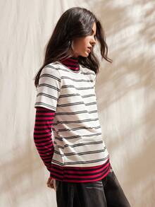 Easelle 女士休闲复古高领宽松条纹T恤 - 彩色 - 查看 4